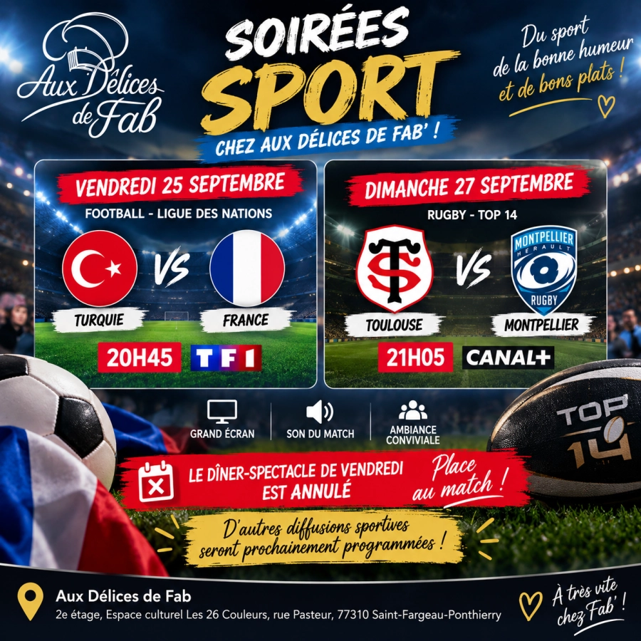 ⚽🏉 Le sport s’installe chez Fab’ ! Vendredi 20h45 : 🇹🇷 Turquie–France 🇫🇷.…