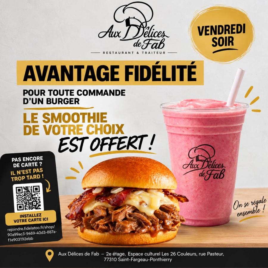 🎁 Avantage fidélité ! Vendredi soir, pour toute commande d’un burger, le…