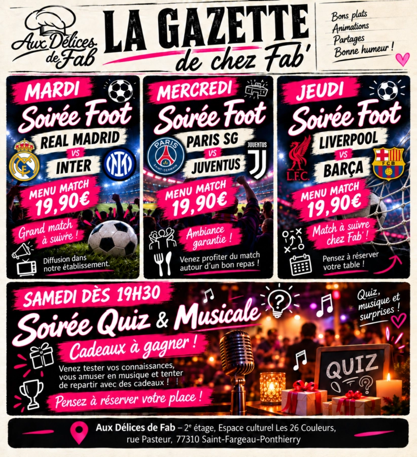 📰 LA GAZETTE DE CHEZ FAB’ ! 💆 Mardi : massages pour une pause détente. ⚽…