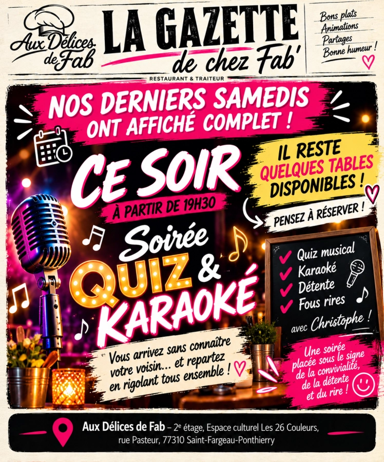 🚨 NOS DERNIERS SAMEDIS ONT AFFICHÉ COMPLET ! ❤️ 🎤 Ce soir dès 19h30 : quiz,…