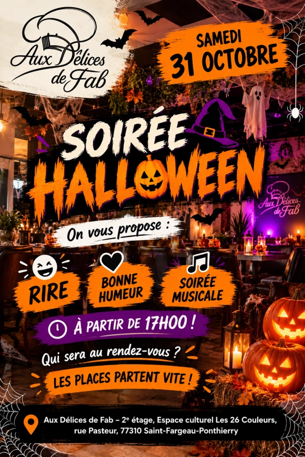 🎃👻 SOIRÉE HALLOWEEN CHEZ FAB ! 🎶 📅 Samedi 31 octobre, dès 17h00 ! Au programme…